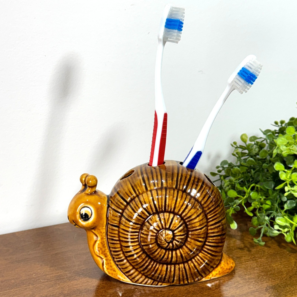 Vintage Ceramic Snail Toothbrush Holder Brown Retro Bathroom Seven Seas